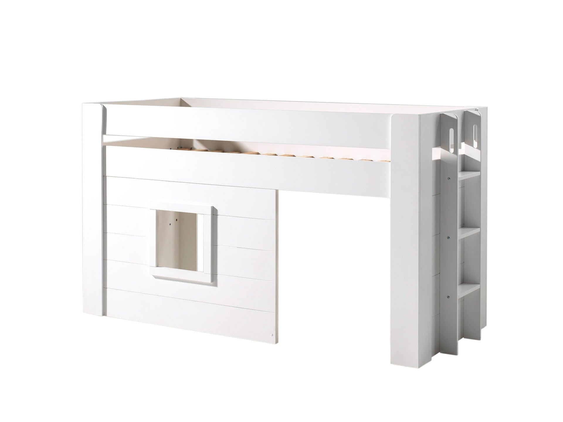 Vipack 200 x 90 cm Pat etajat din MDF pentru copii cu spatiu de joaca si perdelute decorative Noah Alb, 200 x 90 cm