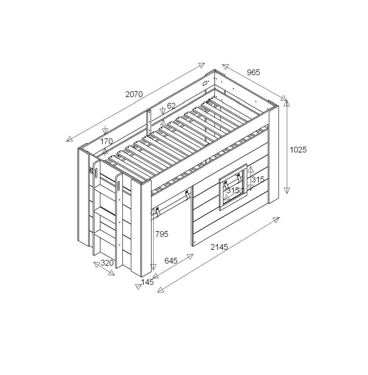 Vipack 200 x 90 cm Pat etajat din MDF pentru copii cu spatiu de joaca si perdelute decorative Noah Alb, 200 x 90 cm