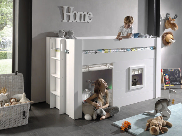 Vipack 200 x 90 cm Pat etajat din MDF pentru copii cu spatiu de joaca si perdelute decorative Noah Alb, 200 x 90 cm