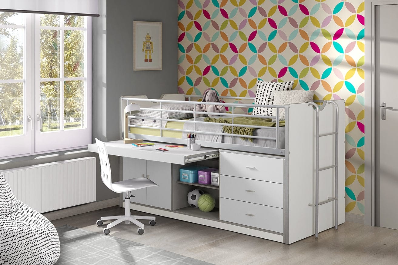 Vipack 200 x 90 cm Pat etajat din pal si metal cu birou incorporat si 3 sertare, pentru copii Bonny Alb, 200 x 90 cm