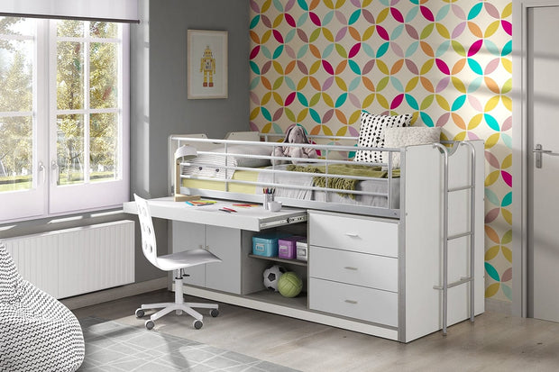 Vipack 200 x 90 cm Pat etajat din pal si metal cu birou incorporat si 3 sertare, pentru copii Bonny Alb, 200 x 90 cm