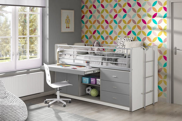 Vipack 200 x 90 cm Pat etajat din pal si metal cu birou incorporat si 3 sertare, pentru copii Bonny Alb / Gri, 200 x 90 cm