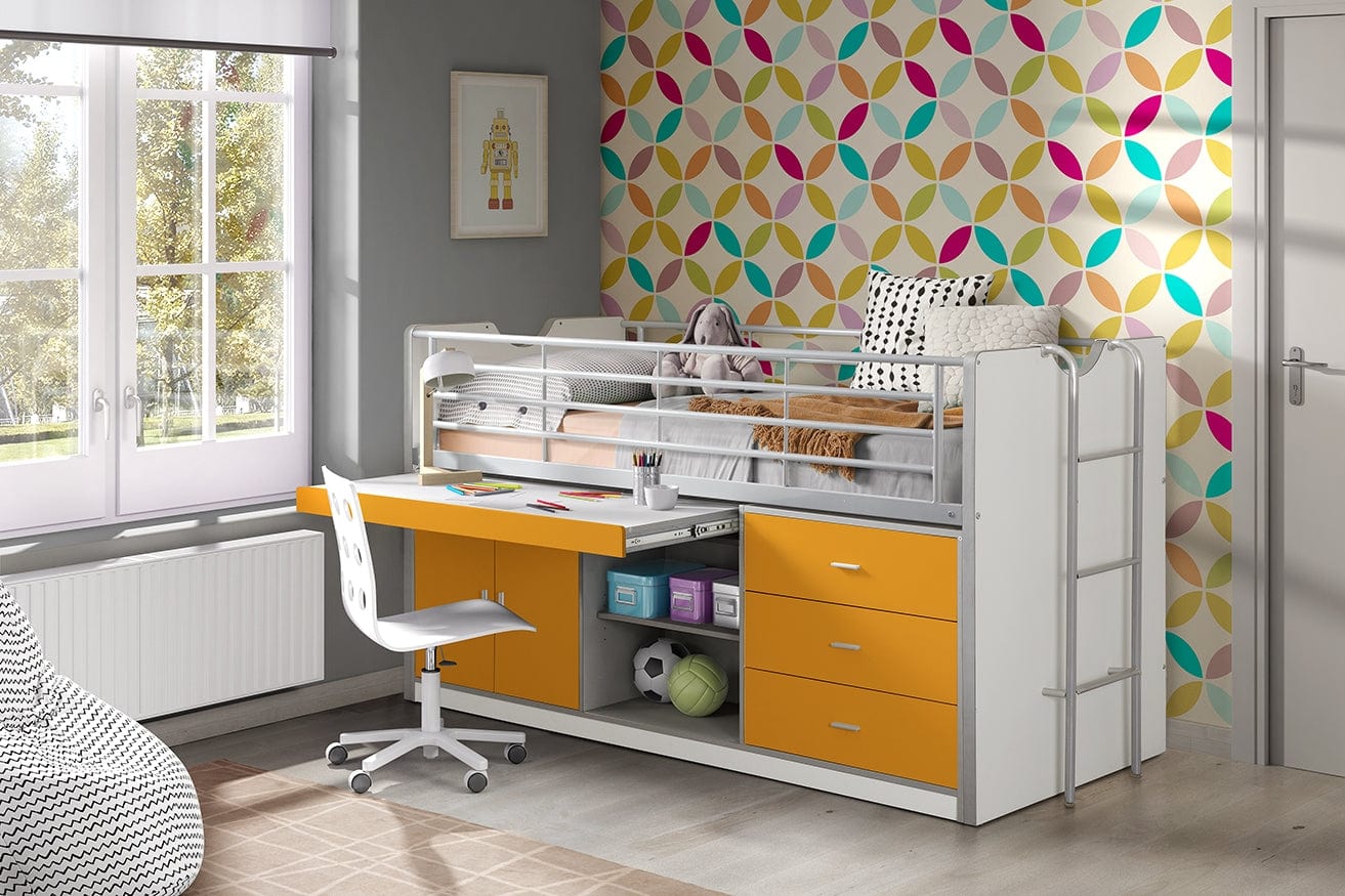 Vipack 200 x 90 cm Pat etajat din pal si metal cu birou incorporat si 3 sertare, pentru copii Bonny Alb / Portocaliu, 200 x 90 cm