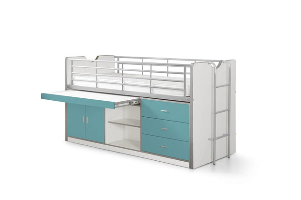 Vipack 200 x 90 cm Pat etajat din pal si metal cu birou incorporat si 3 sertare, pentru copii Bonny Alb / Turcoaz, 200 x 90 cm