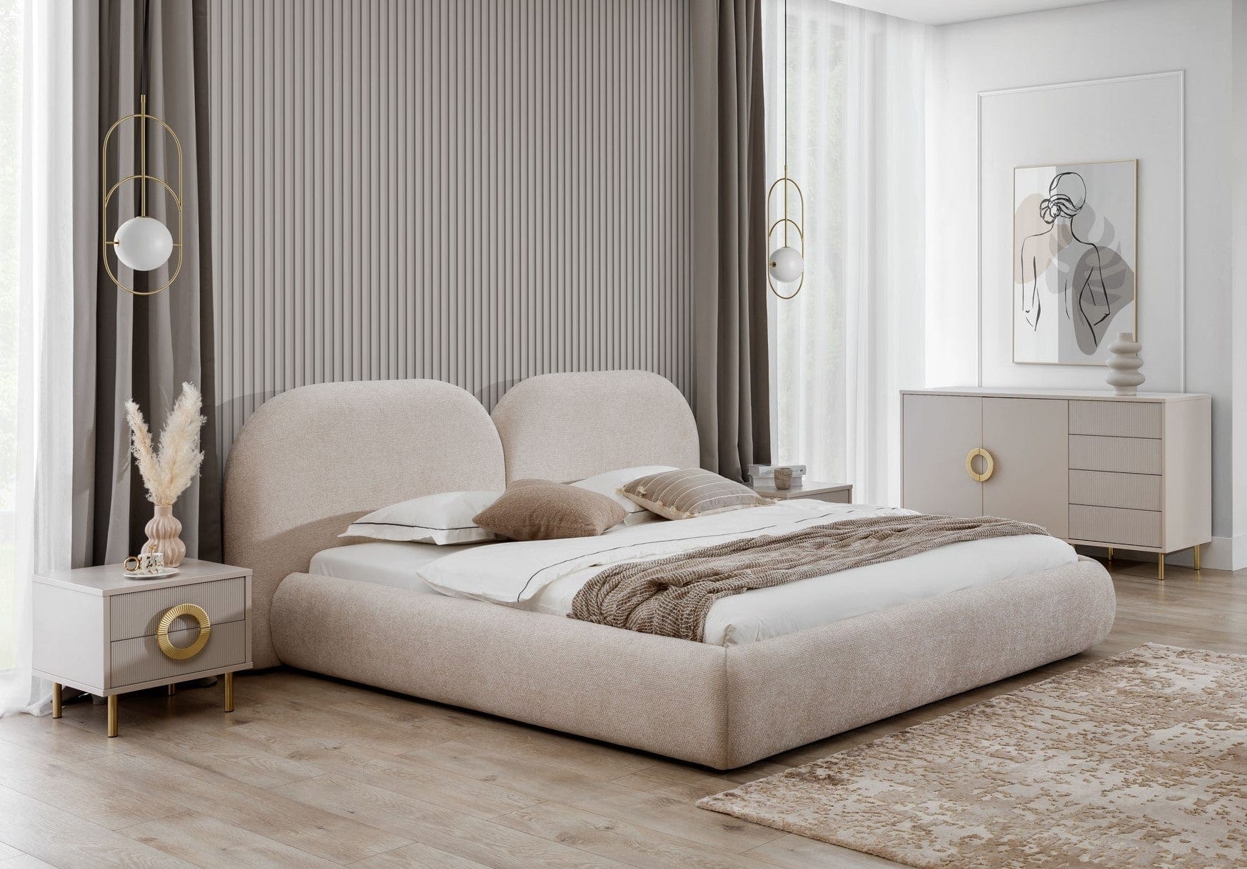 Stolwit 200 x 140 cm Pat rabatabil cu lada de depozitare, tapitat cu stofa, Nubo Ivoir