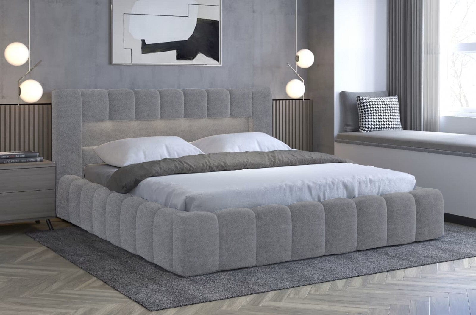 Pat rabatabil cu lada de depozitare, tapitat cu stofa si LED inclus, Lamiso Neutral Velvet (6)