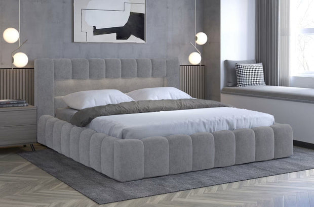 Pat rabatabil cu lada de depozitare, tapitat cu stofa si LED inclus, Lamiso Neutral Velvet (6)