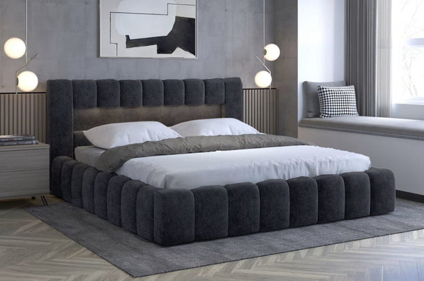 Pat rabatabil cu lada de depozitare, tapitat cu stofa si LED inclus, Lamiso Neutral Velvet (7)