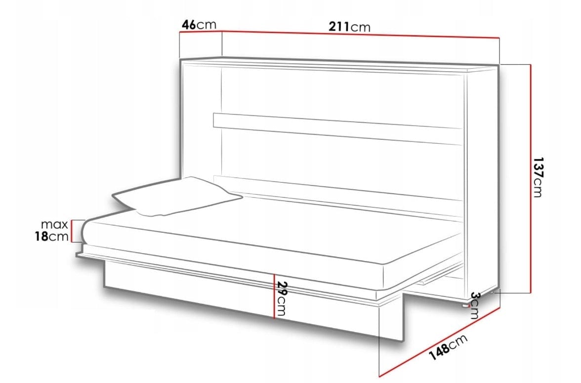 Lenart Pat rabatabil pe perete, cu mecanism pneumatic si somiera inclusa, Bed Concept Horizontal Stejar Artisan, 200 x 120 cm
