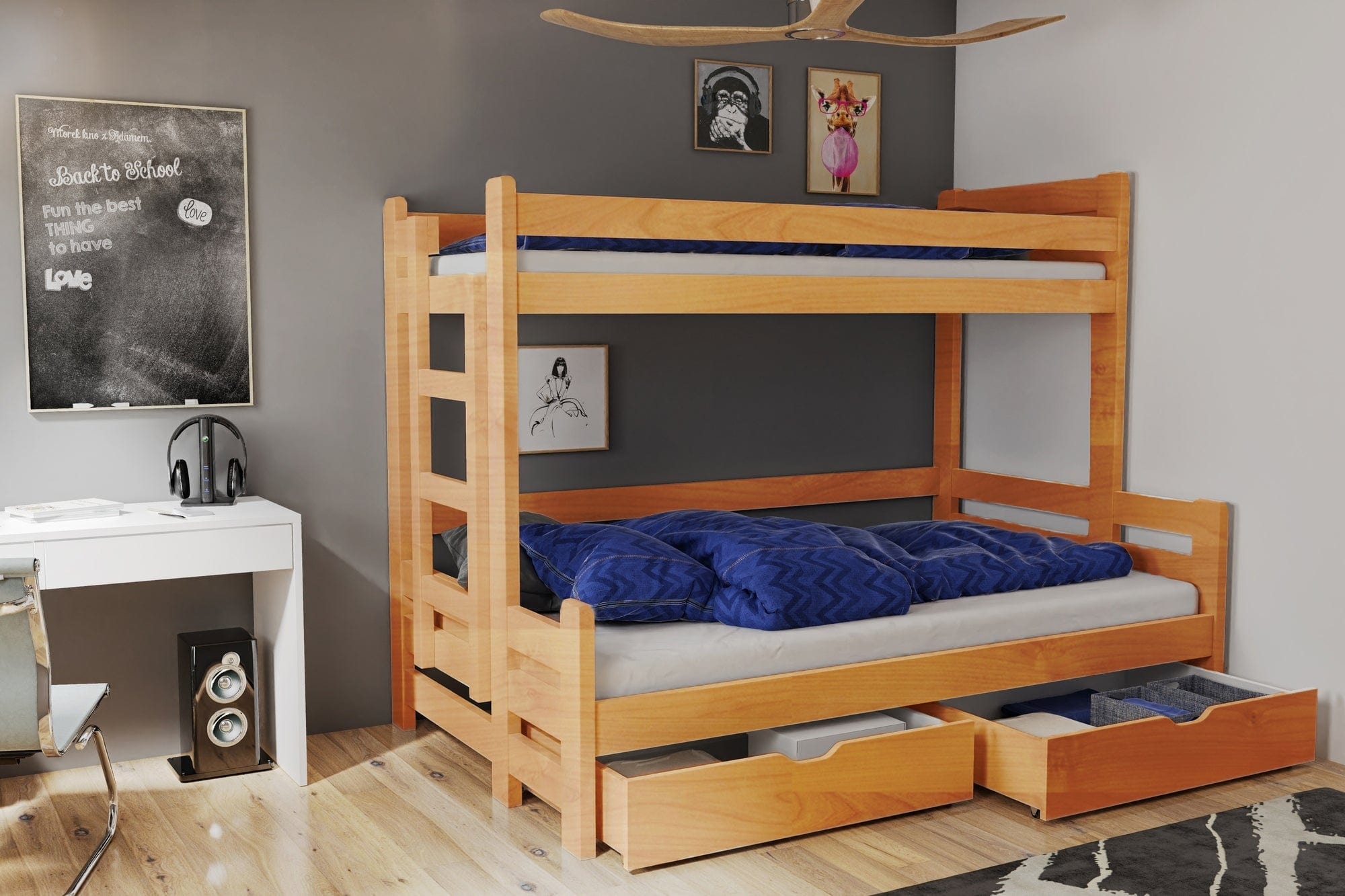 Pat supraetajat din lemn de pin, cu 2 sertare pentru copii Beniamin Arin, 200 x 120 / 200 x 90 cm