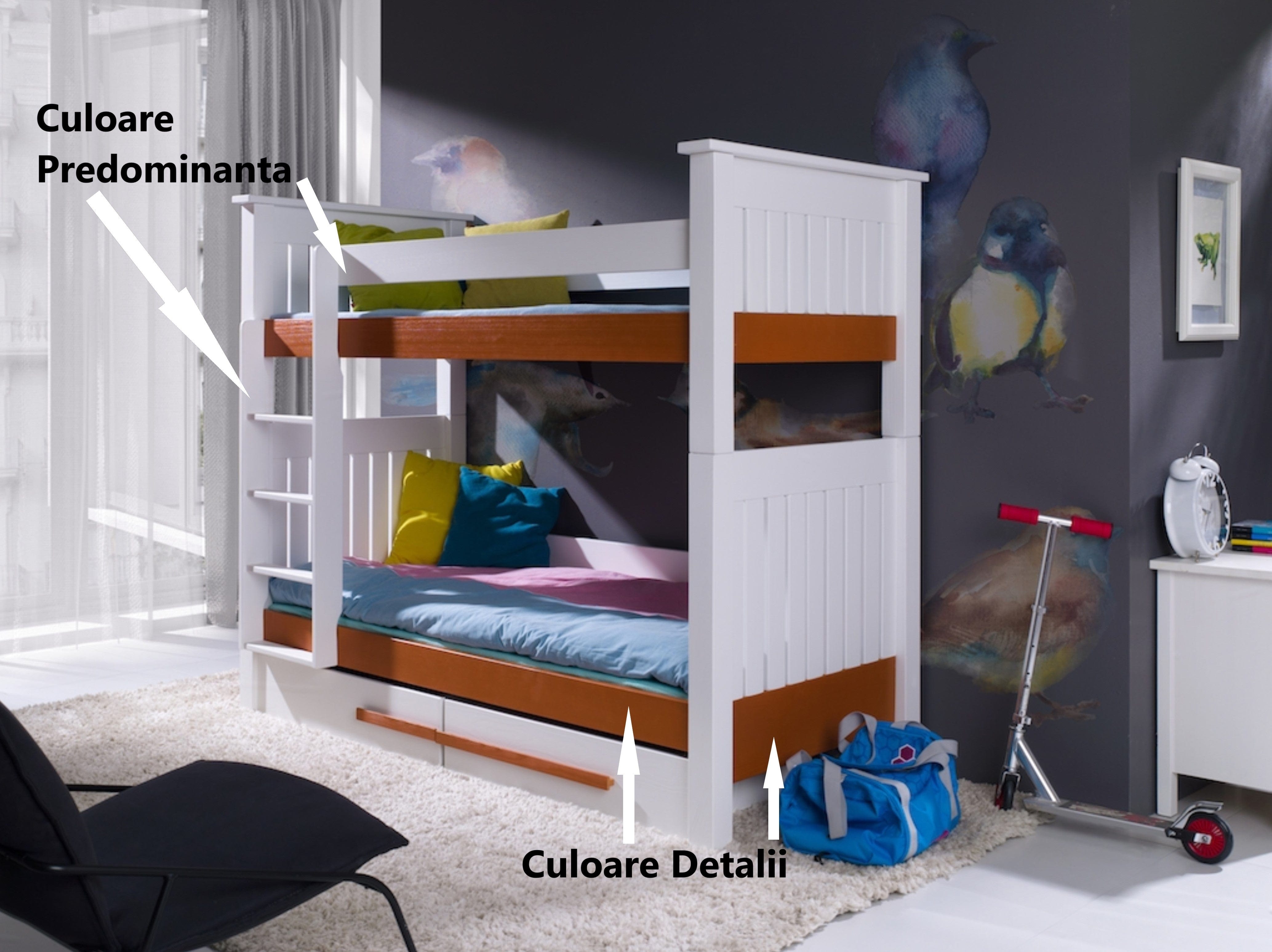 Pat supraetajat din lemn de pin, cu 2 sertare pentru copii Casimir, 200 x 90 cm (1)