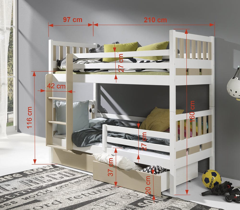 Pat supraetajat din lemn de pin, cu 2 sertare pentru copii Karim, 200 x 90 cm (1)