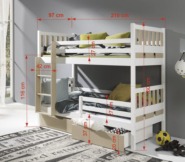 Pat supraetajat din lemn de pin, cu 2 sertare pentru copii Karim, 200 x 90 cm (1)
