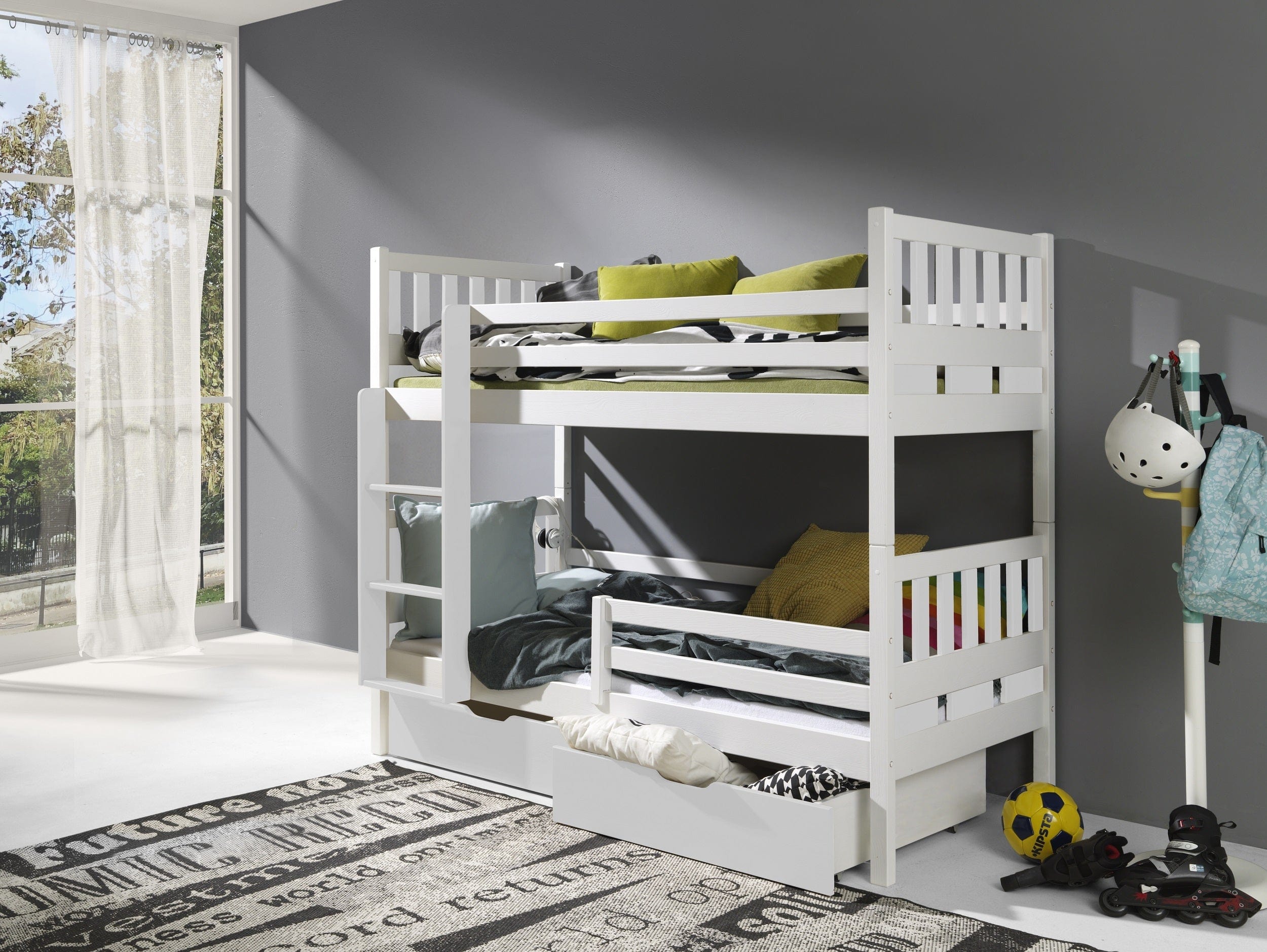 Pat supraetajat din lemn de pin, cu 2 sertare pentru copii Karim, 200 x 90 cm (2)