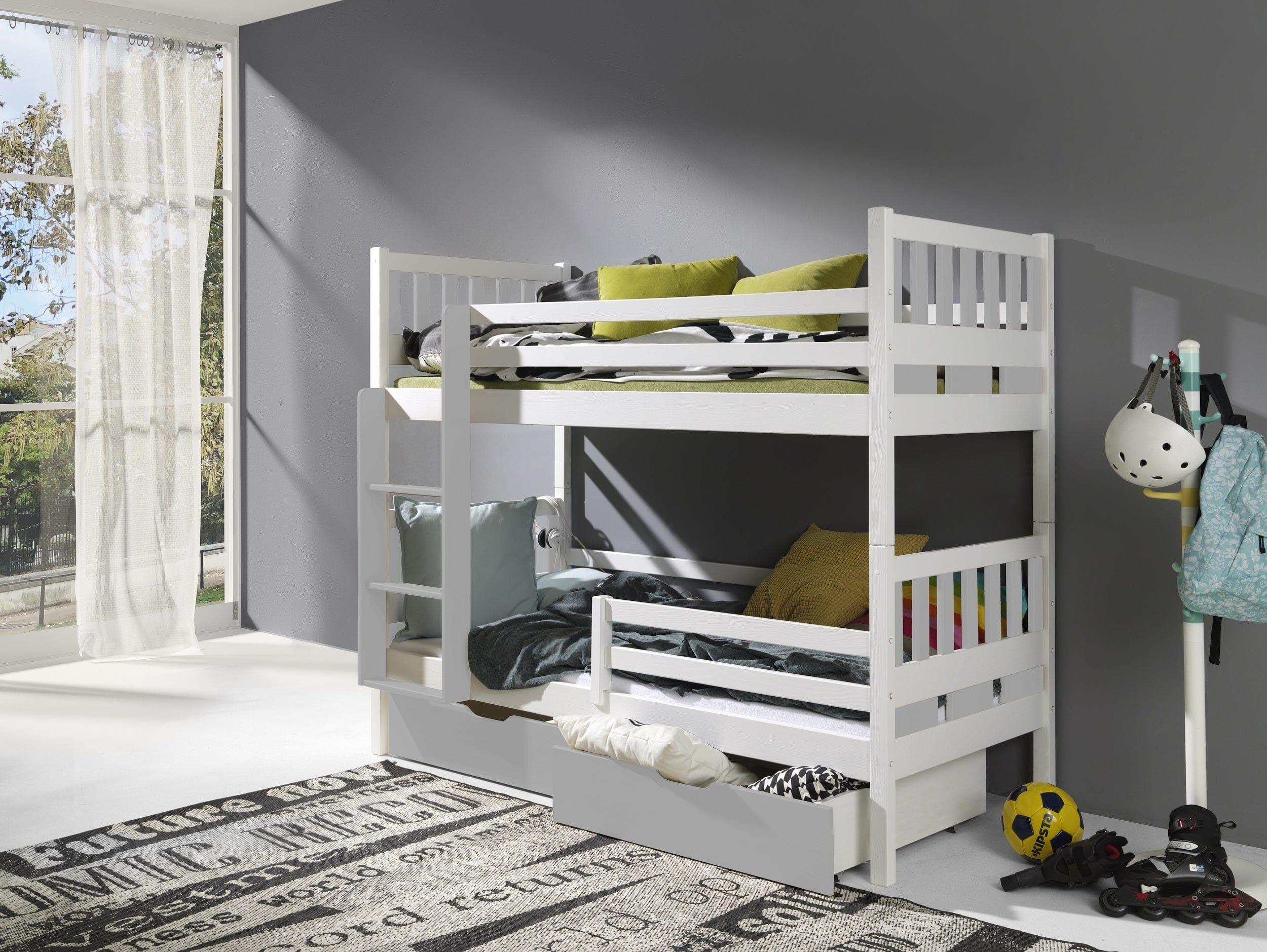 Pat supraetajat din lemn de pin, cu 2 sertare pentru copii Karim, 200 x 90 cm (3)