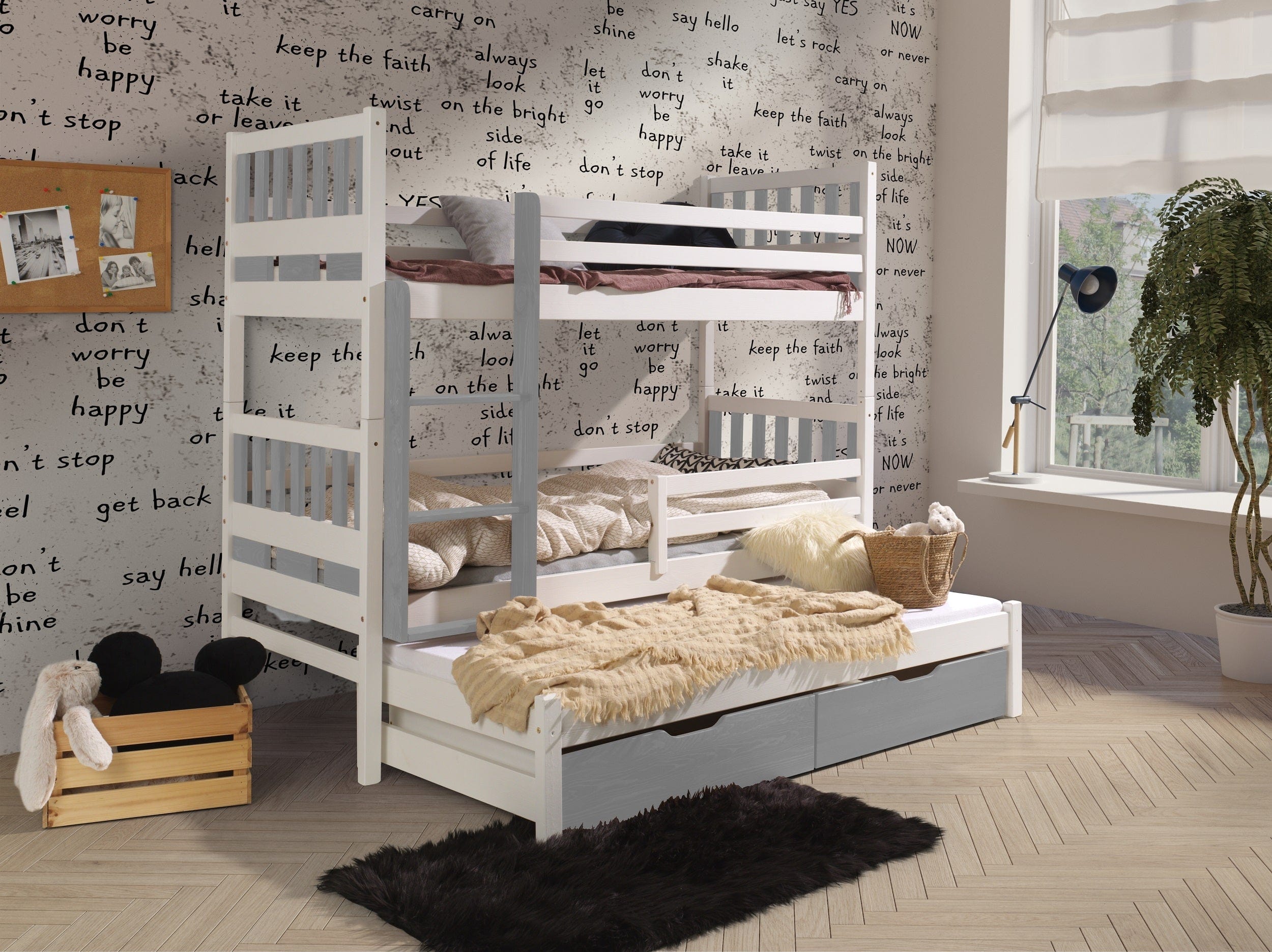 Pat supraetajat din lemn de pin, cu 2 sertare pentru copii Karim, 200 x 90 cm (4)