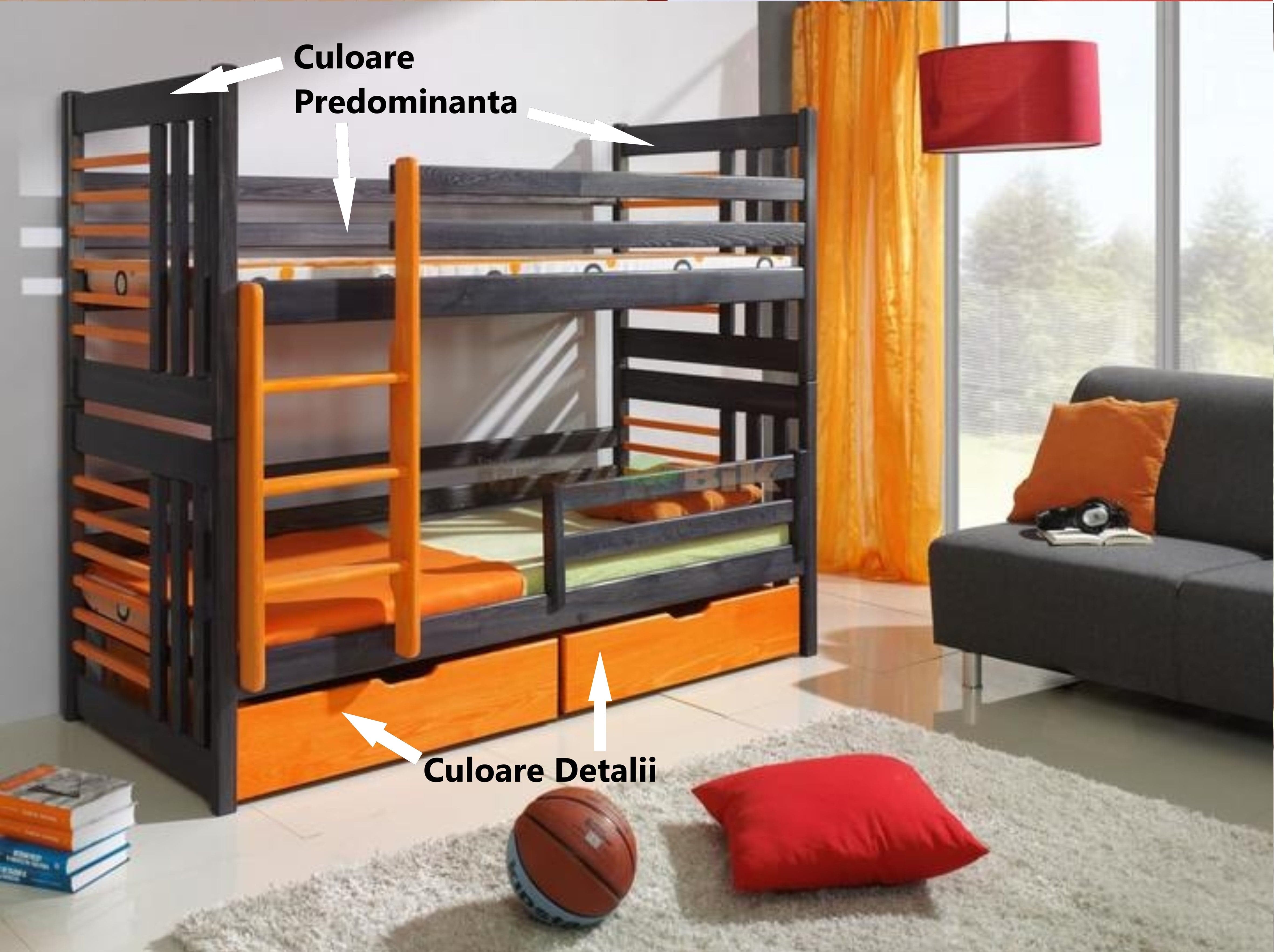 Pat supraetajat din lemn de pin, cu 2 sertare pentru copii Roland, 200 x 90 cm (1)