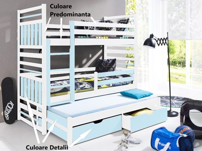 Pat supraetajat din lemn de pin, cu 2 sertare si 3 locuri, pentru copii Hipolit Alb / Albastru Acril, 200 x 90 cm (1)