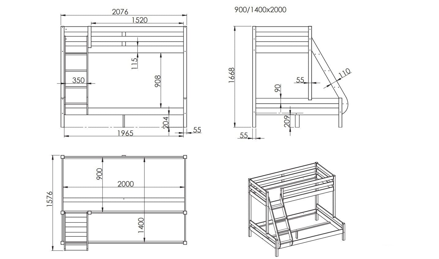 Pat supraetajat din lemn de pin pentru copii si tineret Pino Triple Natural, 200 x 140 / 200 x 90 cm (3)