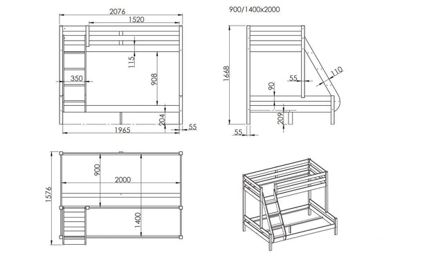 Pat supraetajat din lemn de pin pentru copii si tineret Pino Triple Natural, 200 x 140 / 200 x 90 cm (3)