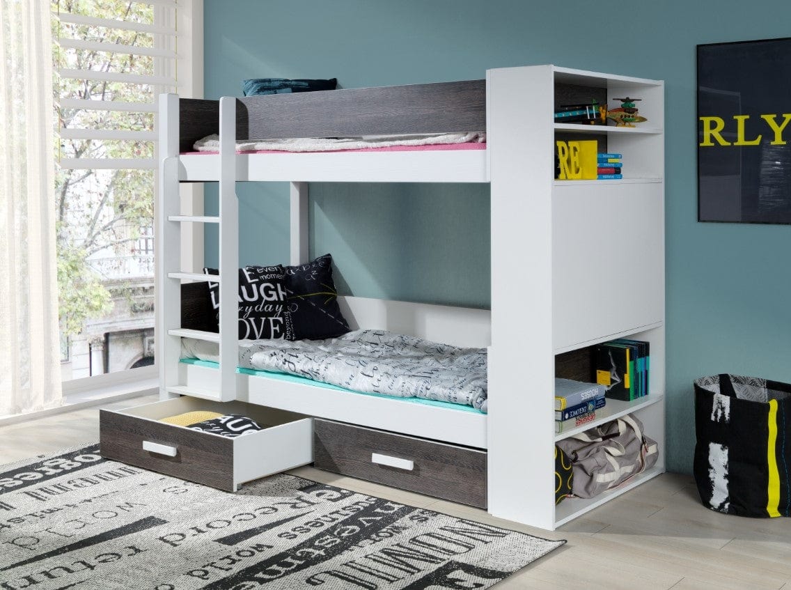 Pat supraetajat din lemn de pin si pal, cu 2 sertare pentru copii Gaspar, 200 x 90 cm (3)