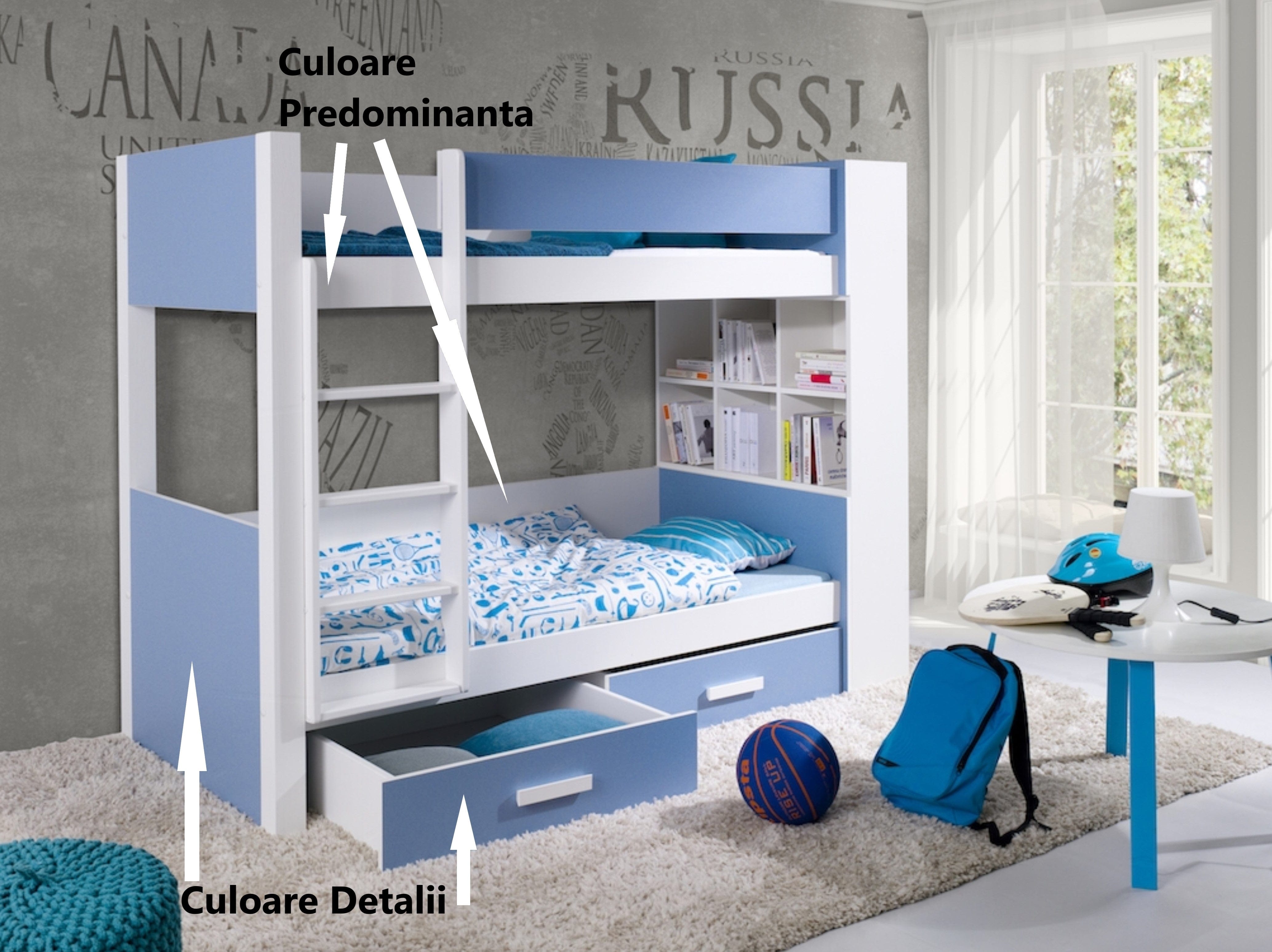 Pat supraetajat din lemn de pin si pal, cu 2 sertare pentru copii Gaspar, 200 x 90 cm (7)