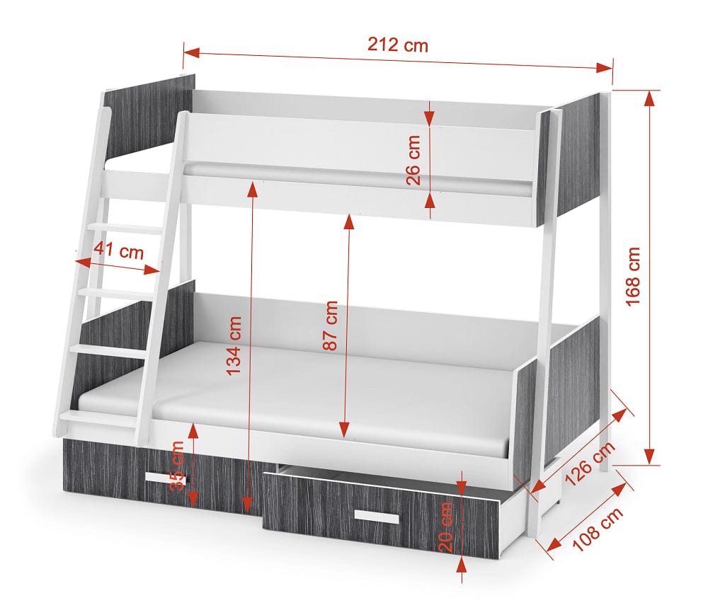 Pat supraetajat din lemn de pin si pal, cu 2 sertare pentru copii Moritz, 200 x 120 / 200 x 90 cm (2)