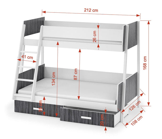 Pat supraetajat din lemn de pin si pal, cu 2 sertare pentru copii Moritz, 200 x 120 / 200 x 90 cm (2)