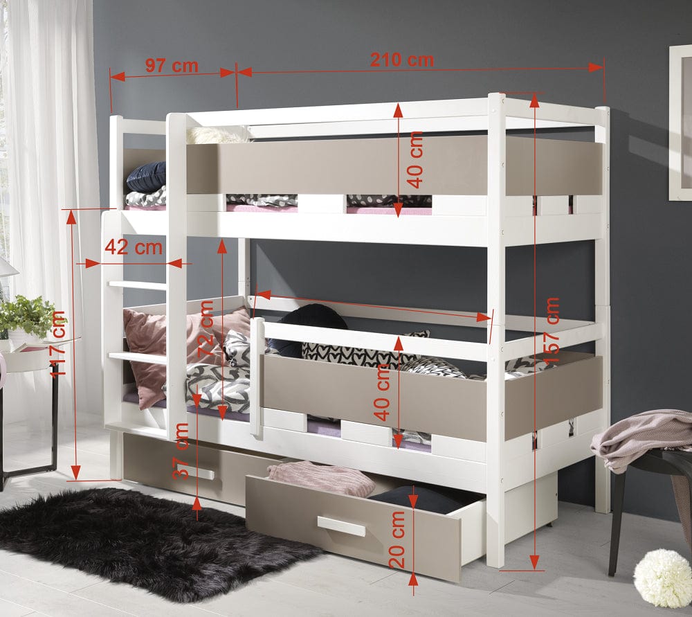 Pat supraetajat din lemn de pin si pal, cu 2 sertare pentru copii Ruben, 200 x 90 cm (1)