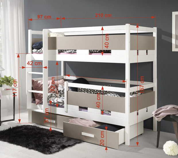 Pat supraetajat din lemn de pin si pal, cu 2 sertare pentru copii Ruben, 200 x 90 cm (1)