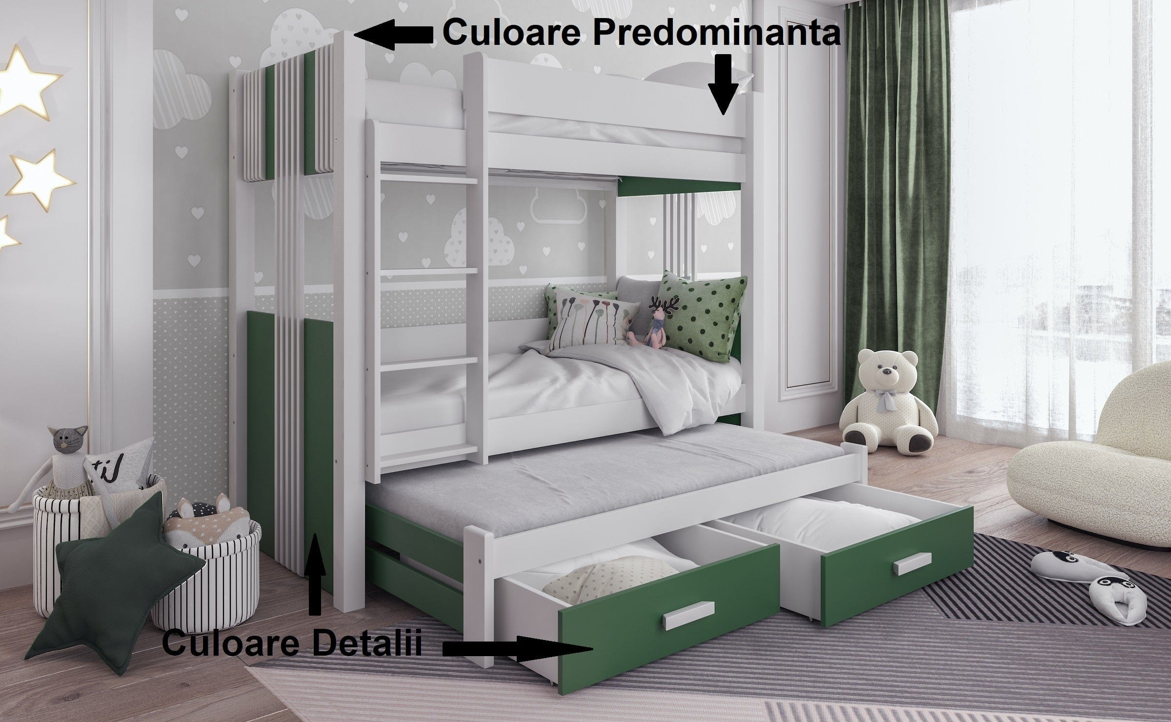 Pat supraetajat din lemn de pin si pal, cu 2 sertare si 3 locuri, pentru copii Arten III, 200 x 90 cm (1)