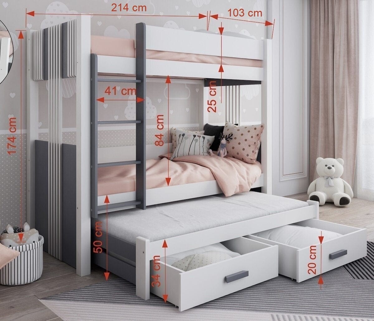 Pat supraetajat din lemn de pin si pal, cu 2 sertare si 3 locuri, pentru copii Arten III, 200 x 90 cm (2)