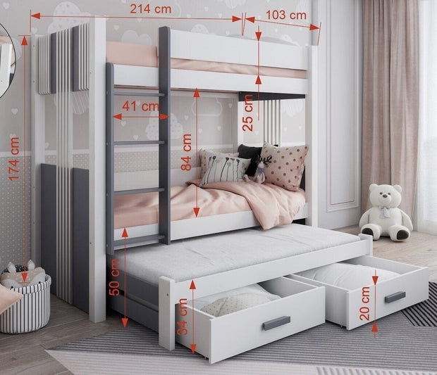 Pat supraetajat din lemn de pin si pal, cu 2 sertare si 3 locuri, pentru copii Arten III, 200 x 90 cm (2)