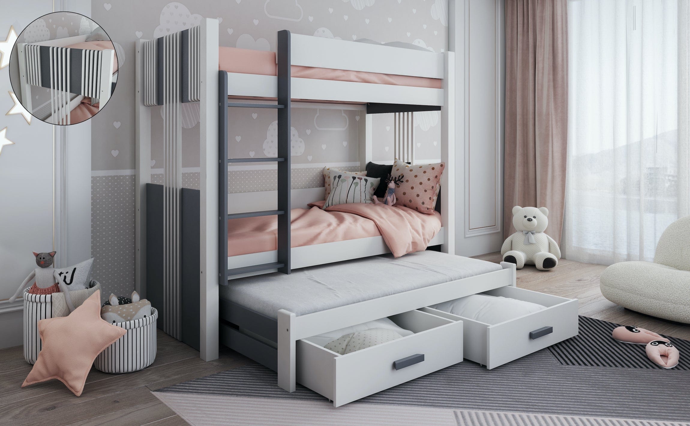 Pat supraetajat din lemn de pin si pal, cu 2 sertare si 3 locuri, pentru copii Arten III, 200 x 90 cm (3)