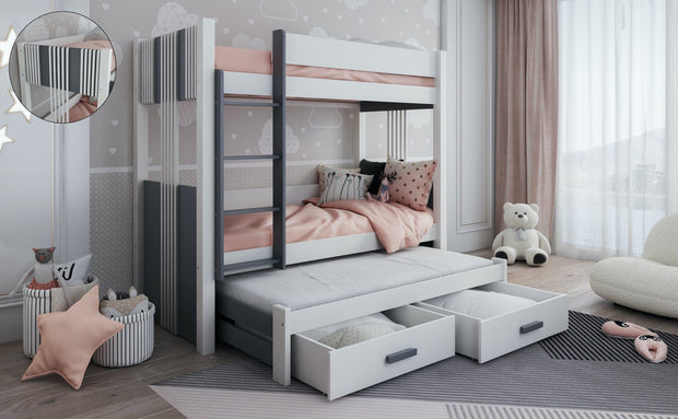 Pat supraetajat din lemn de pin si pal, cu 2 sertare si 3 locuri, pentru copii Arten III, 200 x 90 cm (3)