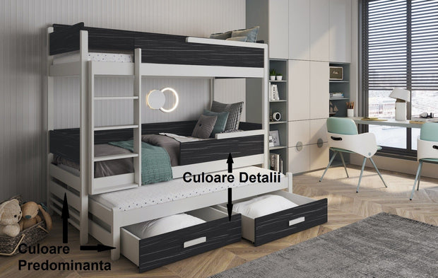 Pat supraetajat din lemn de pin si pal, cu 2 sertare si 3 locuri, pentru copii Quatro, 200 x 90 cm (2)