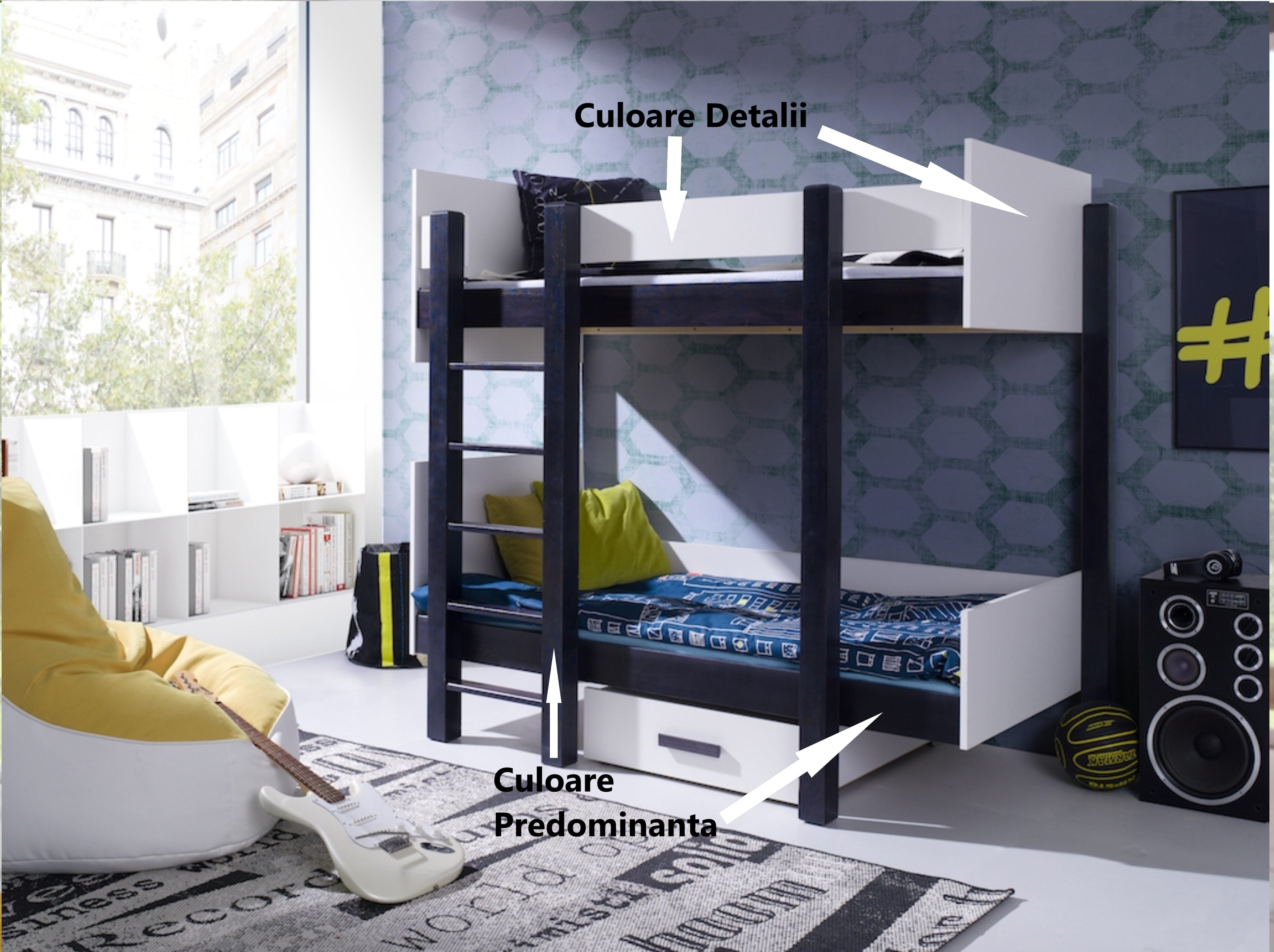 Pat supraetajat din lemn de pin si pal, cu sertar pentru copii Nestor, 200 x 90 cm (1)