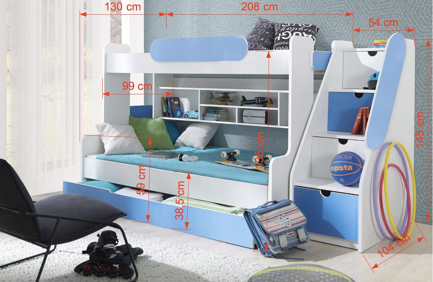 Meblobed 200 x 90 cm Pat supraetajat din pal cu sertar pentru copii Segan, 200 x 120 / 200 x 90 cm