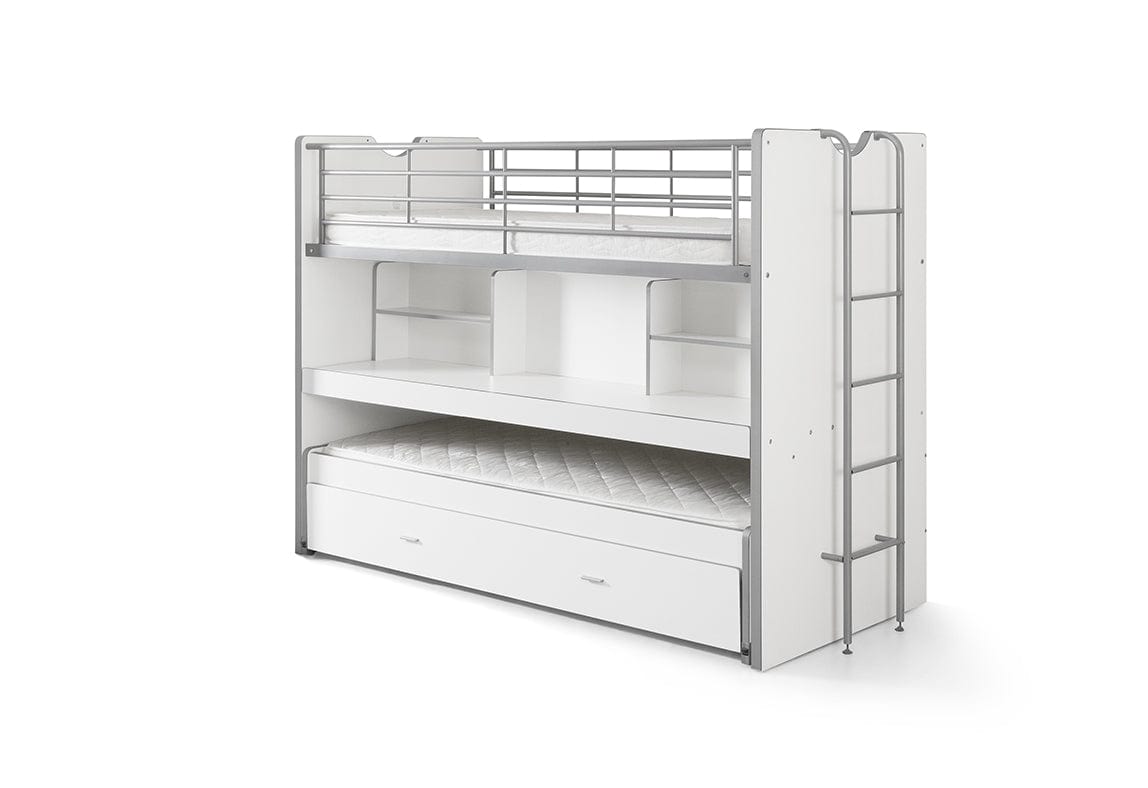 Pat supraetajat din pal si metal cu birou incorporat si sertar, pentru copii Bonny Alb, 200 x 90 cm (1)