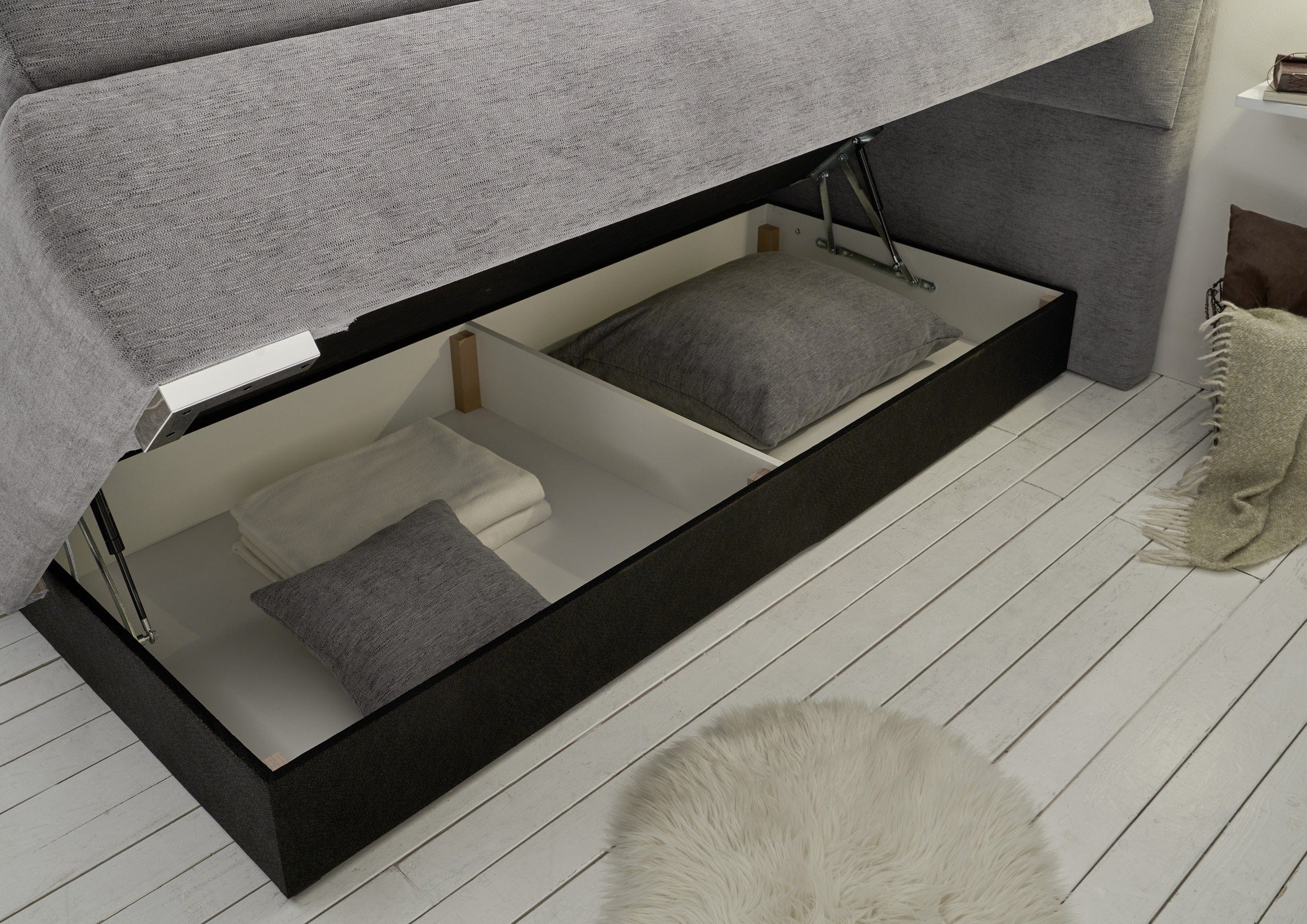 BlackRedWhite Pat tapitat cu stofa si lada de depozitare Balos 8 Boxspring Gri, perne decorative si topper inclus, 200 x 180 cm