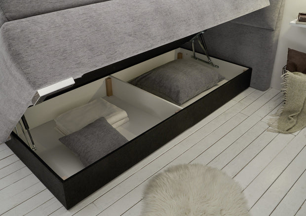 BlackRedWhite Pat tapitat cu stofa si lada de depozitare Balos 8 Boxspring Gri, perne decorative si topper inclus, 200 x 180 cm