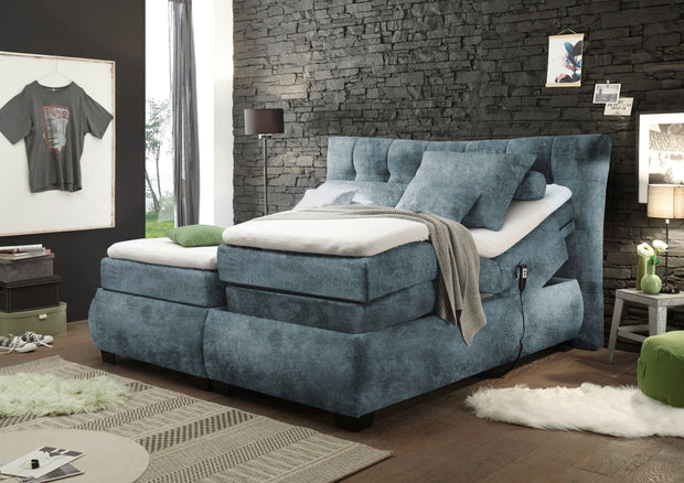 BlackRedWhite Pat tapitat cu stofa si reglaj electric Deby 6 Electric Boxspring Albastru inchis, perne decorative si topper inclus, 200 x 180 cm