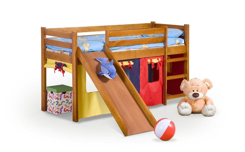 Pat etajat din lemn de pin cu tobogan pentru copii, Neopolis Plus Natural, 190 x 80 cm