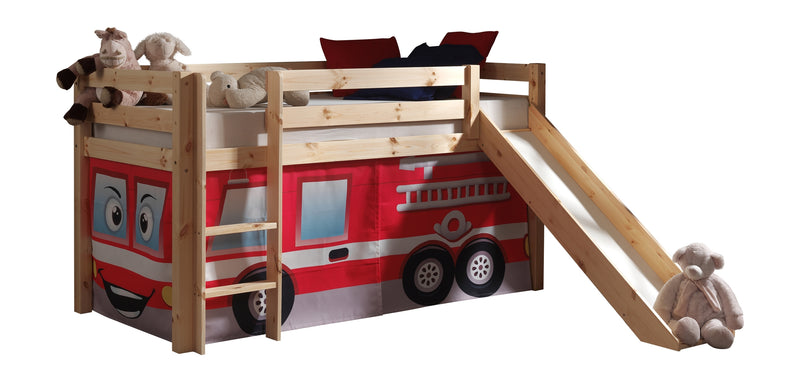 Pat etajat din lemn de pin, cu tobogan pentru copii Pino Fire Rescue Natural, 200 x 90 cm (1)
