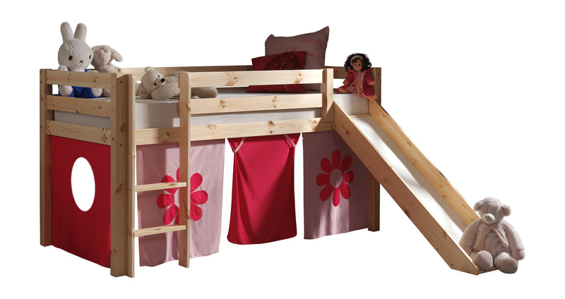 Pat etajat din lemn de pin, cu tobogan pentru copii Pino Pink Flower Natural, 200 x 90 cm (1)