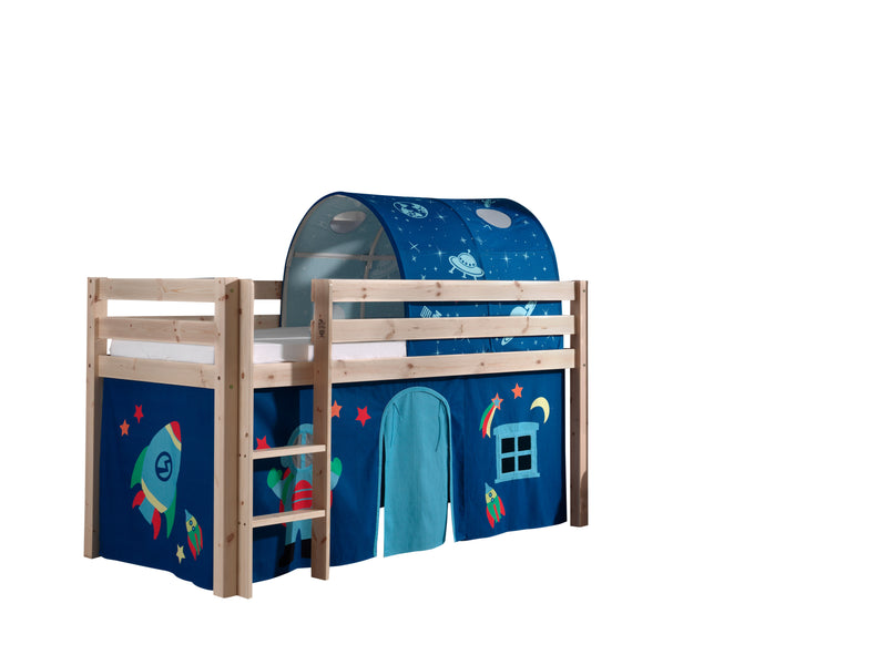 Pat etajat din lemn de pin, cu tunel si spatiu de joaca pentru copii Pino Astro Natural, 200 x 90 cm (1)