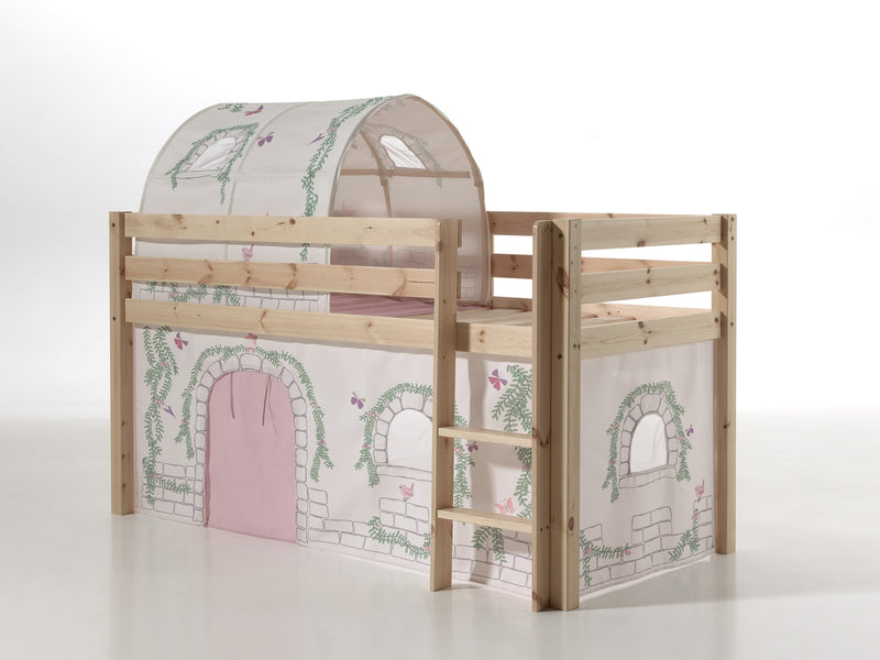 Pat etajat din lemn de pin, cu tunel si spatiu de joaca pentru copii Pino Birdy Natural, 200 x 90 cm (1)