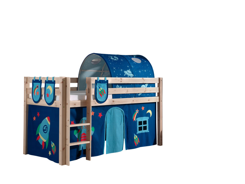 Pat etajat din lemn de pin, cu tunel si spatiu de joaca pentru copii Pino Plus Astro Natural, 200 x 90 cm (1)