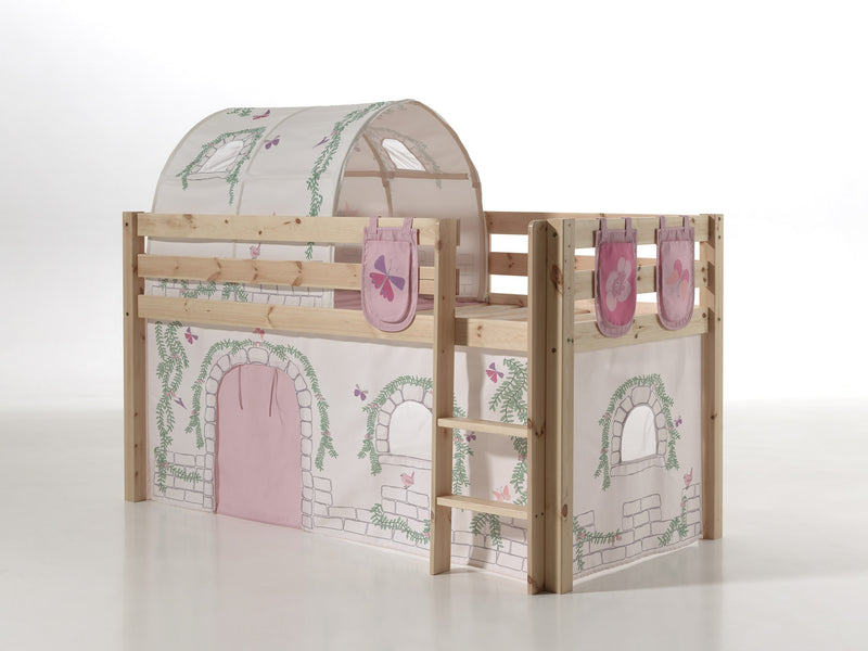 Pat etajat din lemn de pin, cu tunel si spatiu de joaca pentru copii Pino Plus Birdy Natural, 200 x 90 cm (1)