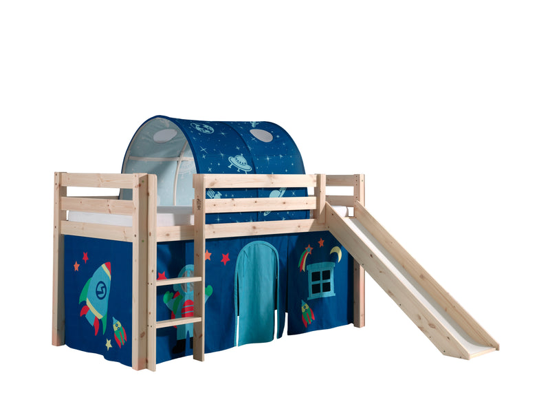 Pat etajat din lemn de pin, cu tunel si tobogan pentru copii Pino Astro Natural, 200 x 90 cm (1)